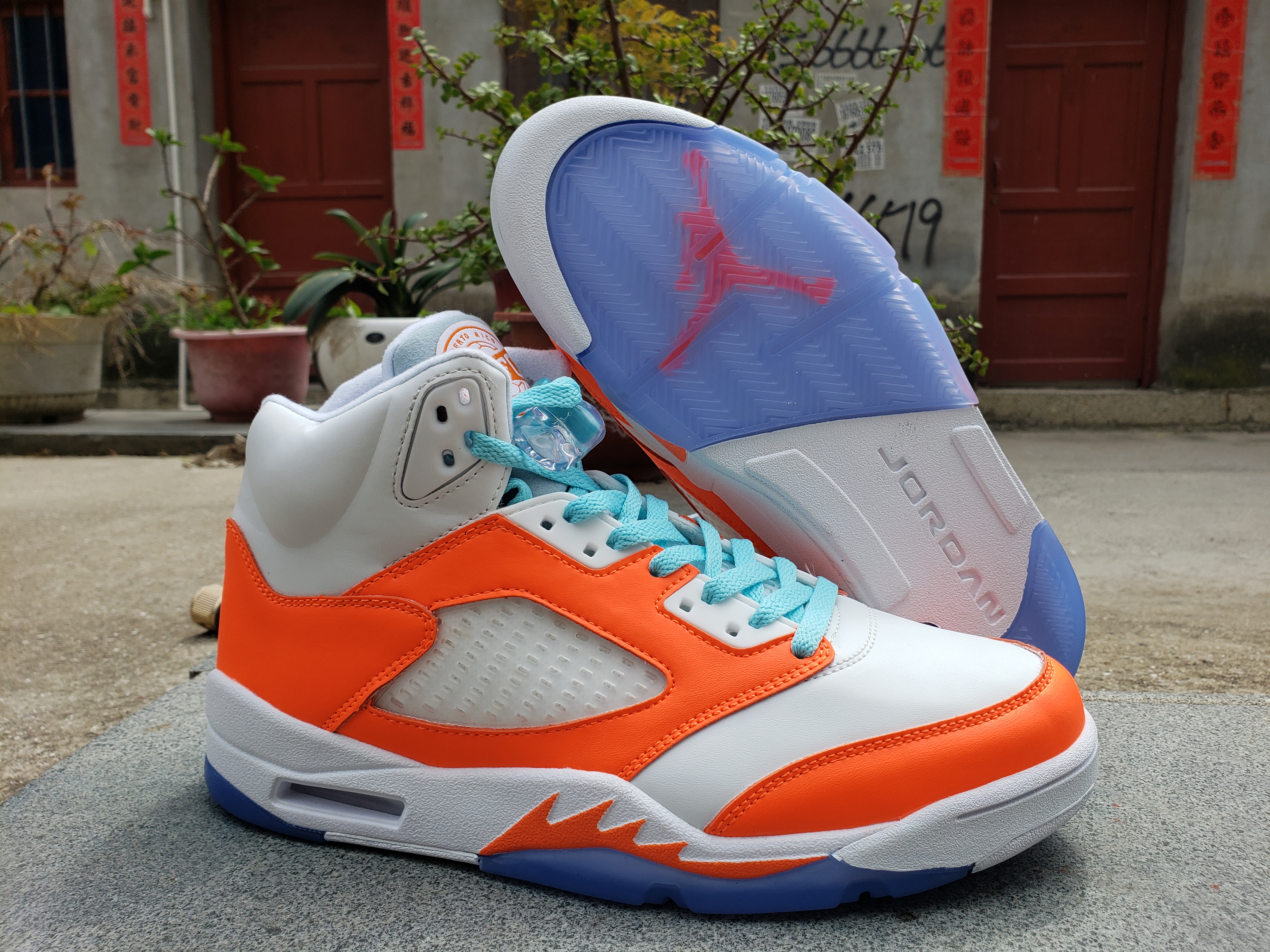 2022 Air Jordan 5 White Orange Jade Blue Shoes